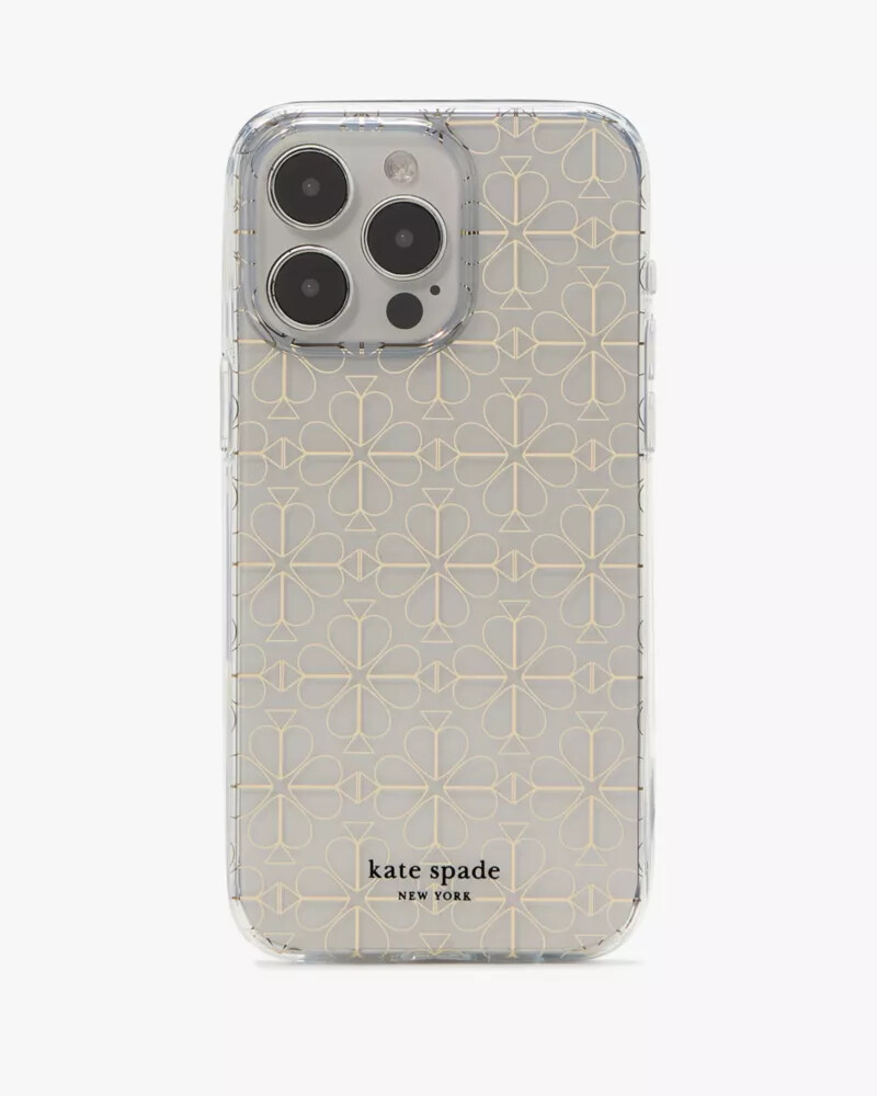 capa para iphone 15 pro max com estampa de flor de espadas dourada e multicolorida.
