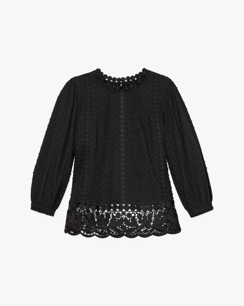 blusa preta com detalhes em renda guipure