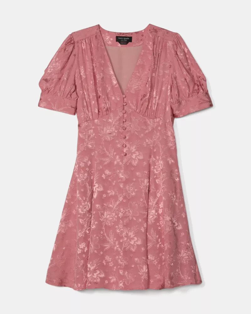 vestido curto fluido com mangas bufantes em jacquard rosa sereno