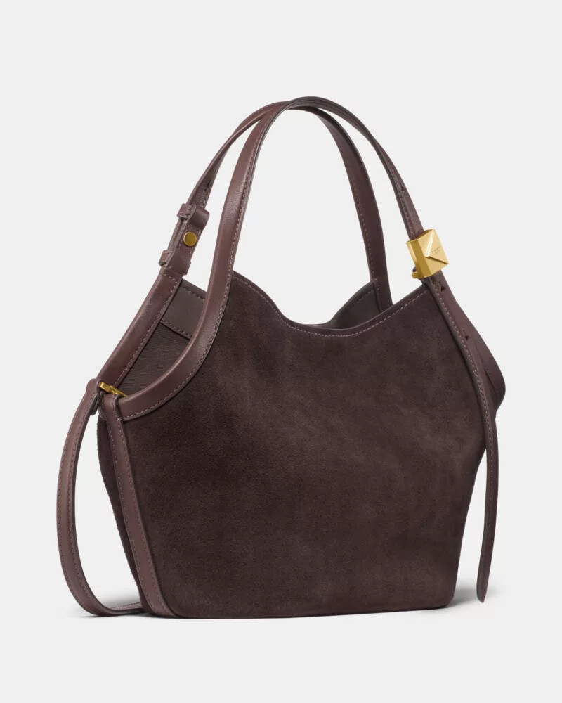 bolsa pequena de camurça deco estilo tulipa cor chocolate quente.
