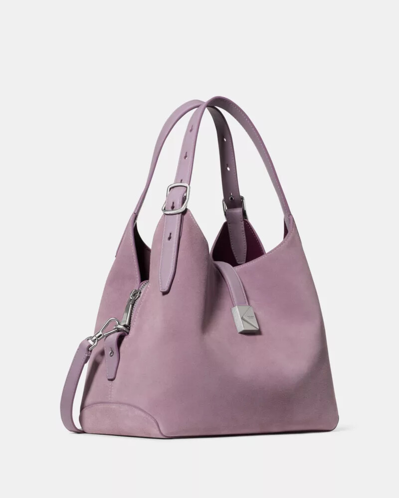 bolsa transversal deco em camurça roxa multicolorida.