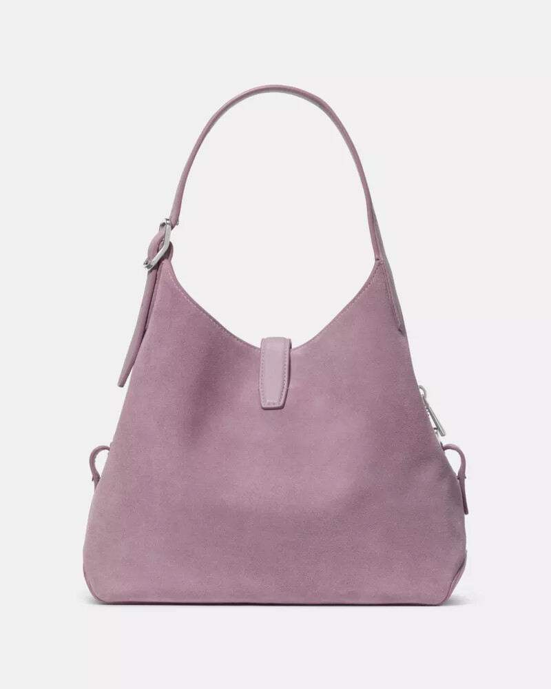 bolsa transversal deco em camurça roxa multicolorida.