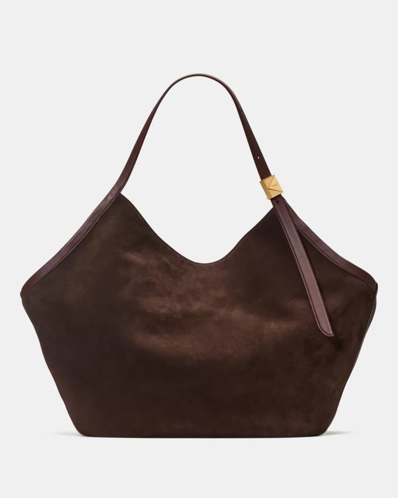 bolsa tote grande tulipa em camurça deco cor chocolate quente.