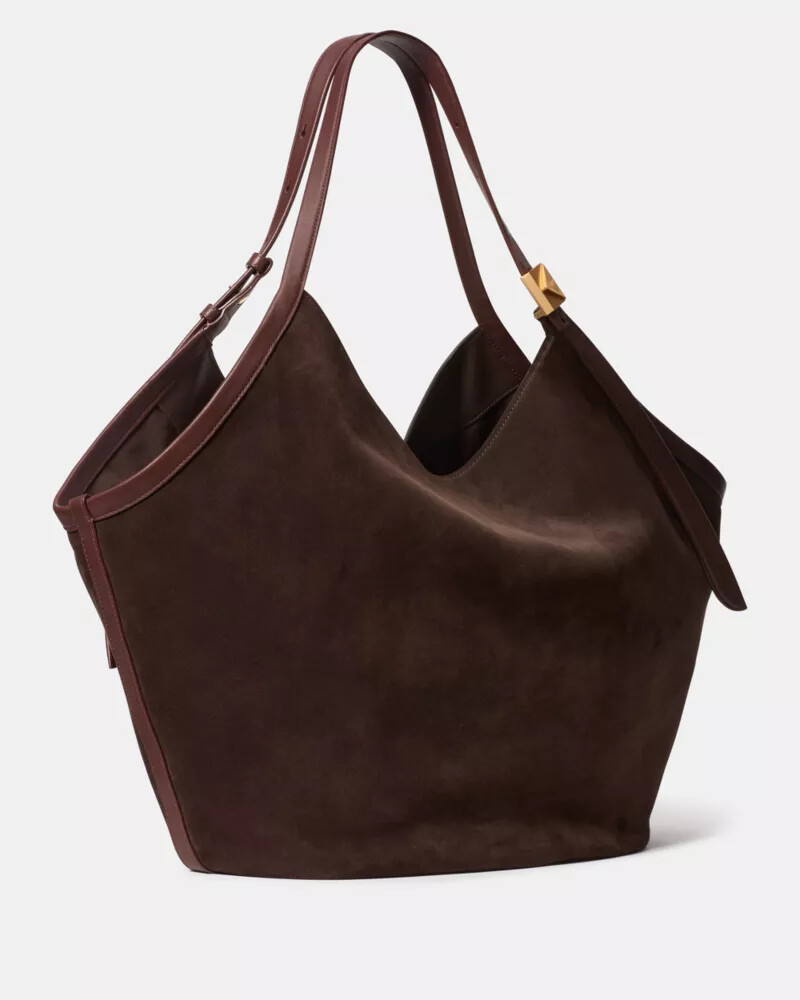 bolsa tote grande tulipa em camurça deco cor chocolate quente.