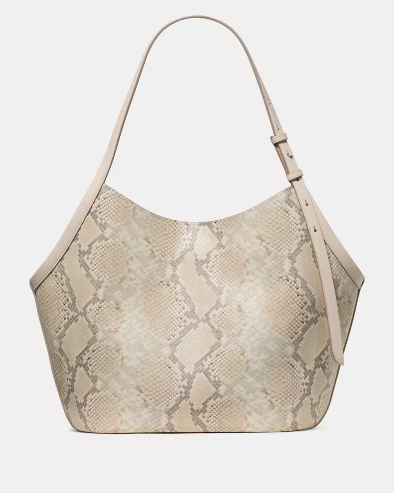 bolsa tote tulipa com estampa de cobra decorativa em tons neutros e multicoloridos.