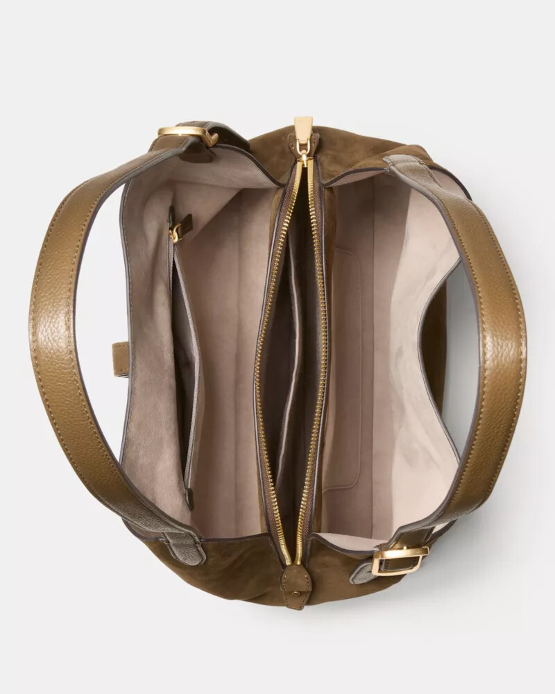 bolsa de ombro grande deco em camurça cor verde-sálvia queimado multicolorida