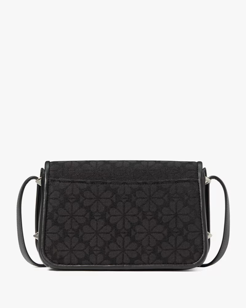 bolsa transversal liv spade com estampa floral em jacquard preta e multicolorida.