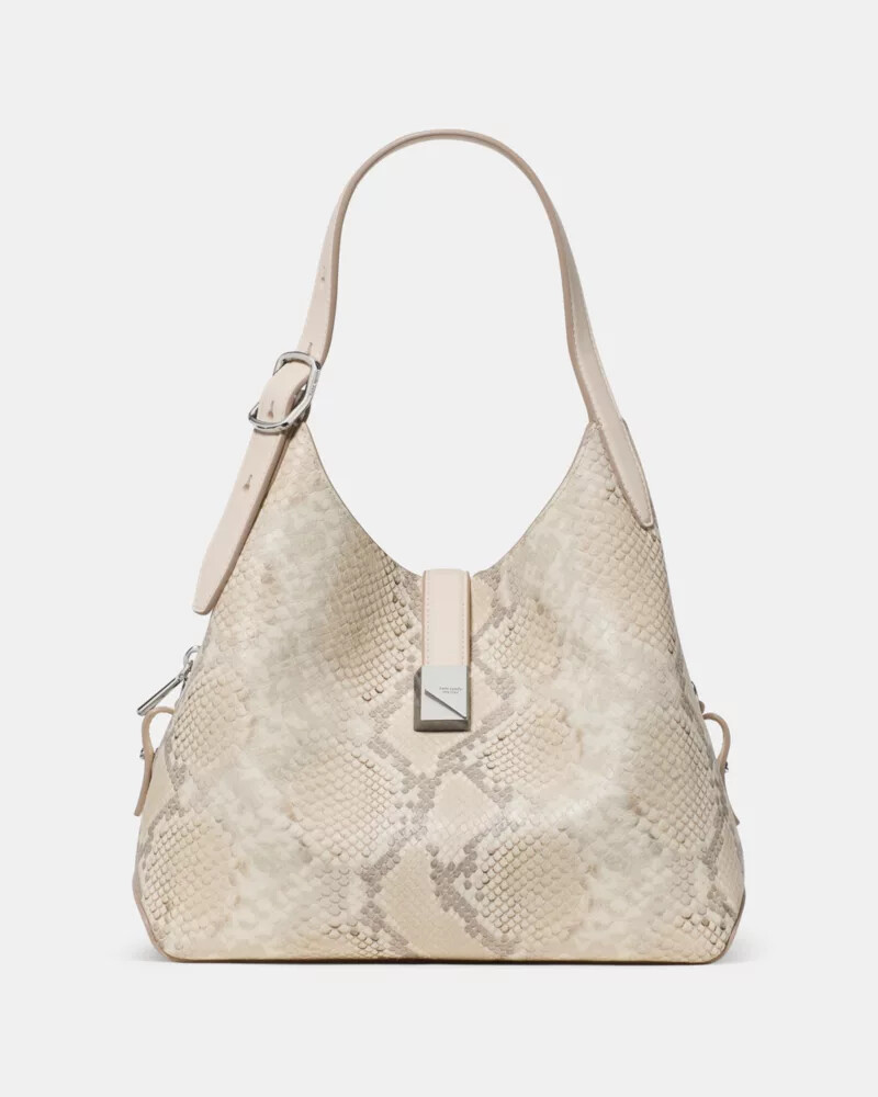 bolsa transversal deco snake com estampa em relevo neutra e multicolorida.