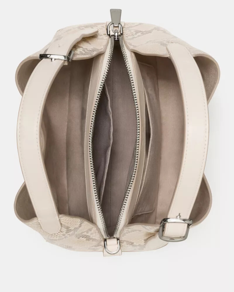 bolsa transversal deco snake com estampa em relevo neutra e multicolorida.
