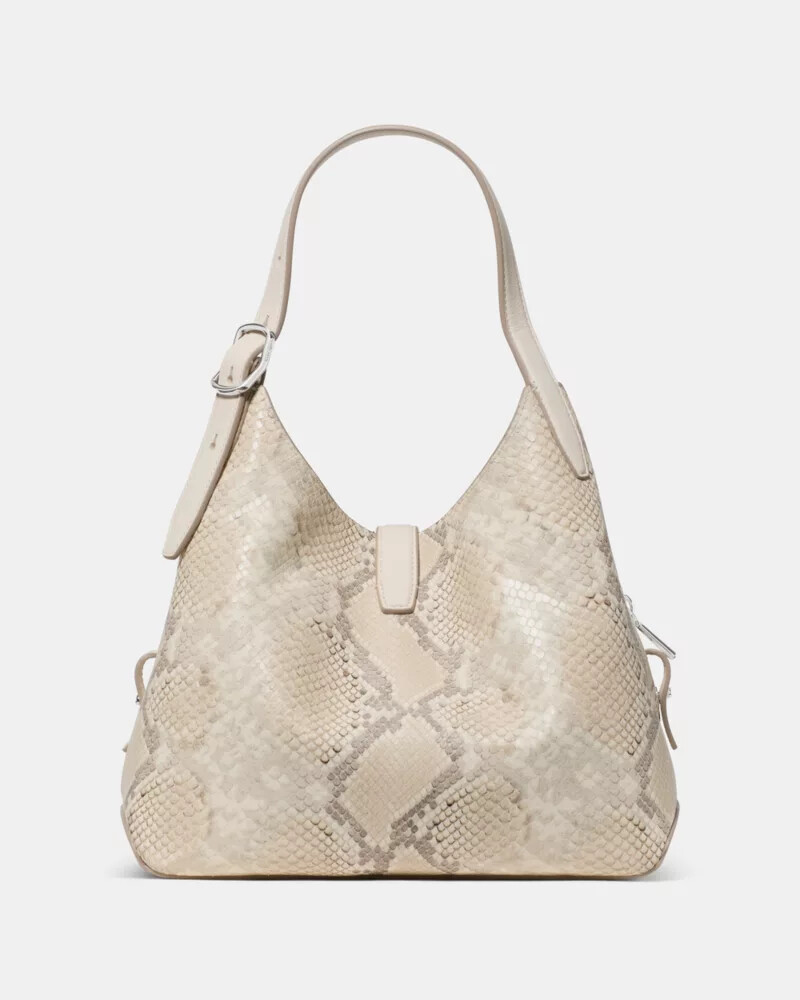 bolsa transversal deco snake com estampa em relevo neutra e multicolorida.