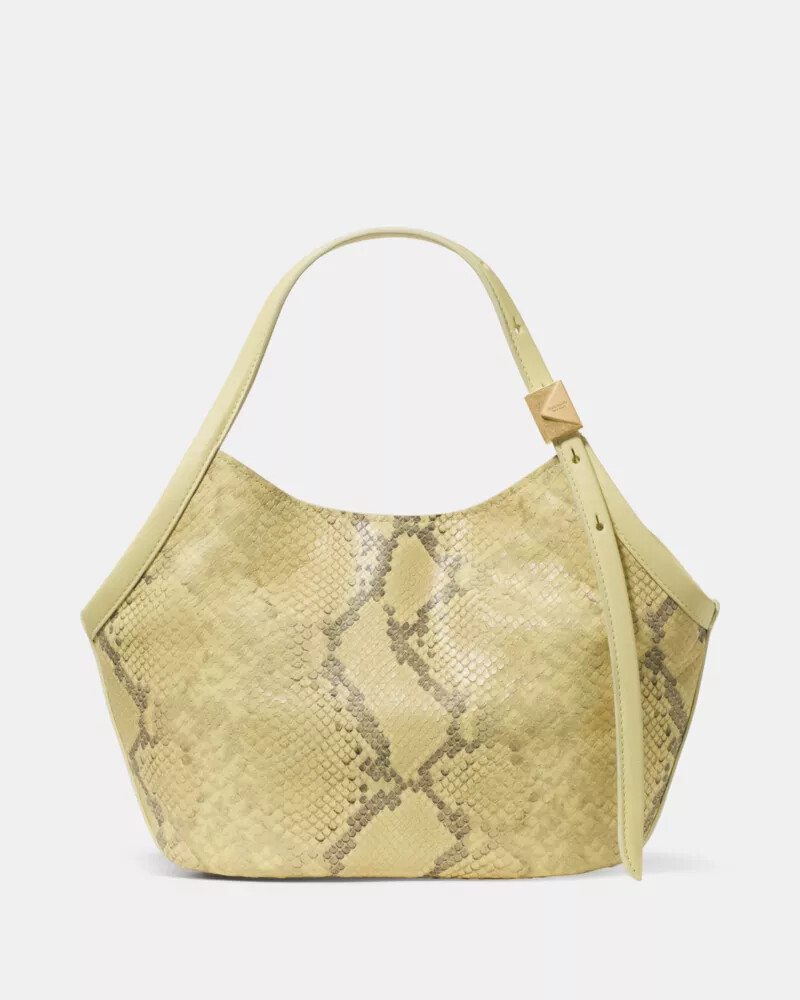 bolsa pequena tulipa com estampa de cobra decorativa cor limão claro.