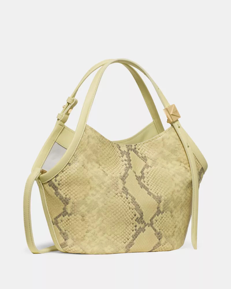 bolsa pequena tulipa com estampa de cobra decorativa cor limão claro.