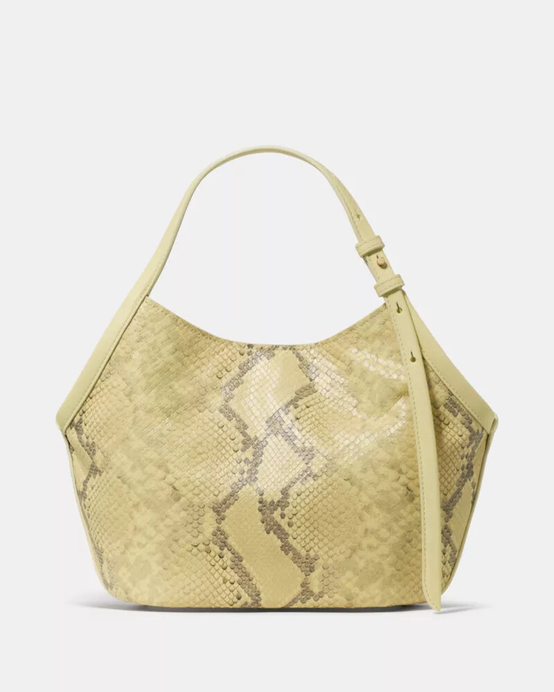 bolsa pequena tulipa com estampa de cobra decorativa cor limão claro.