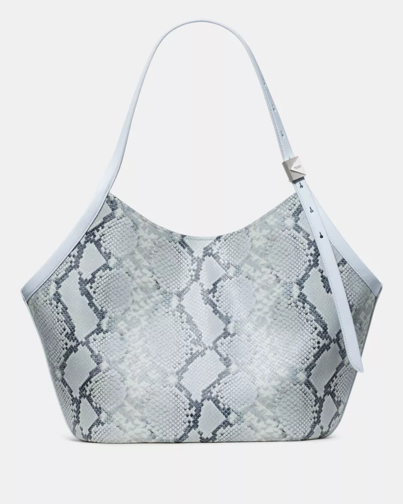 bolsa tote tulipa com estampa de cobra decorativa cor azul safira clara.