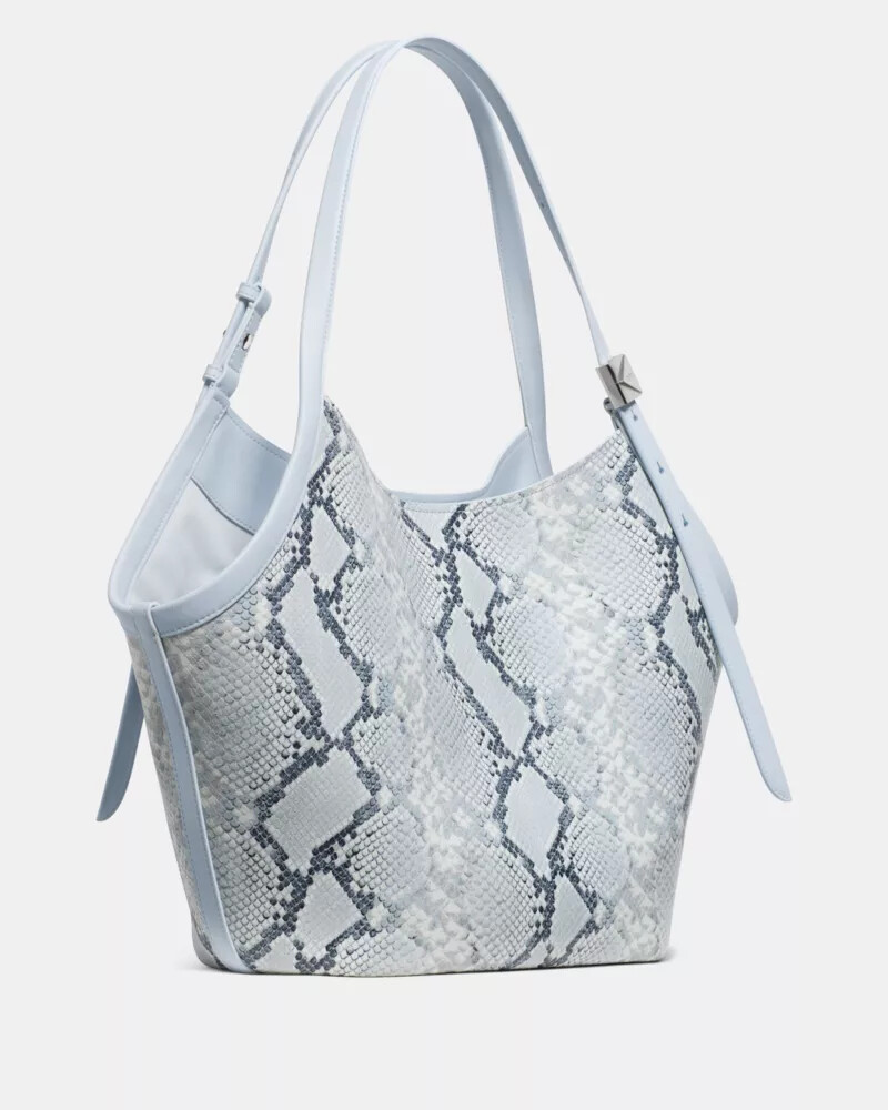 bolsa tote tulipa com estampa de cobra decorativa cor azul safira clara.