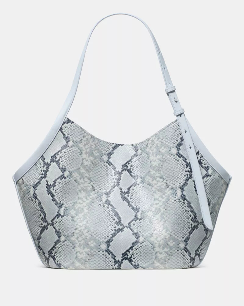bolsa tote tulipa com estampa de cobra decorativa cor azul safira clara.