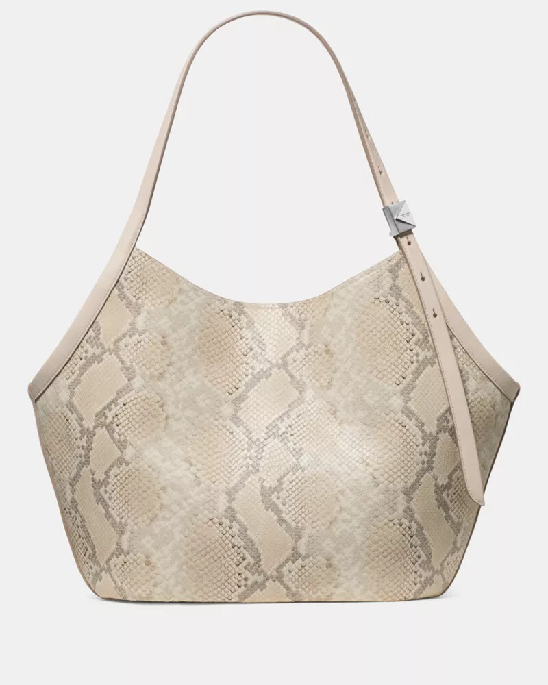 bolsa tote tulipa com estampa de cobra decorativa em tons neutros e multicoloridos.